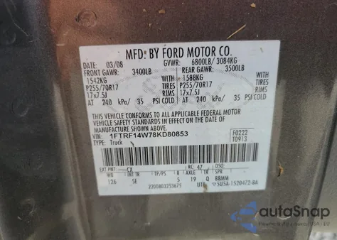 2008 Ford F150 z USA, uszkodzony, nr VIN 1FTRF14W78KD80853